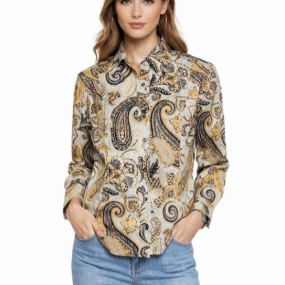 Etro Paisley Shirt Womens M IT 44 Italy Slim Fit Stretch Cotton Blue Gold